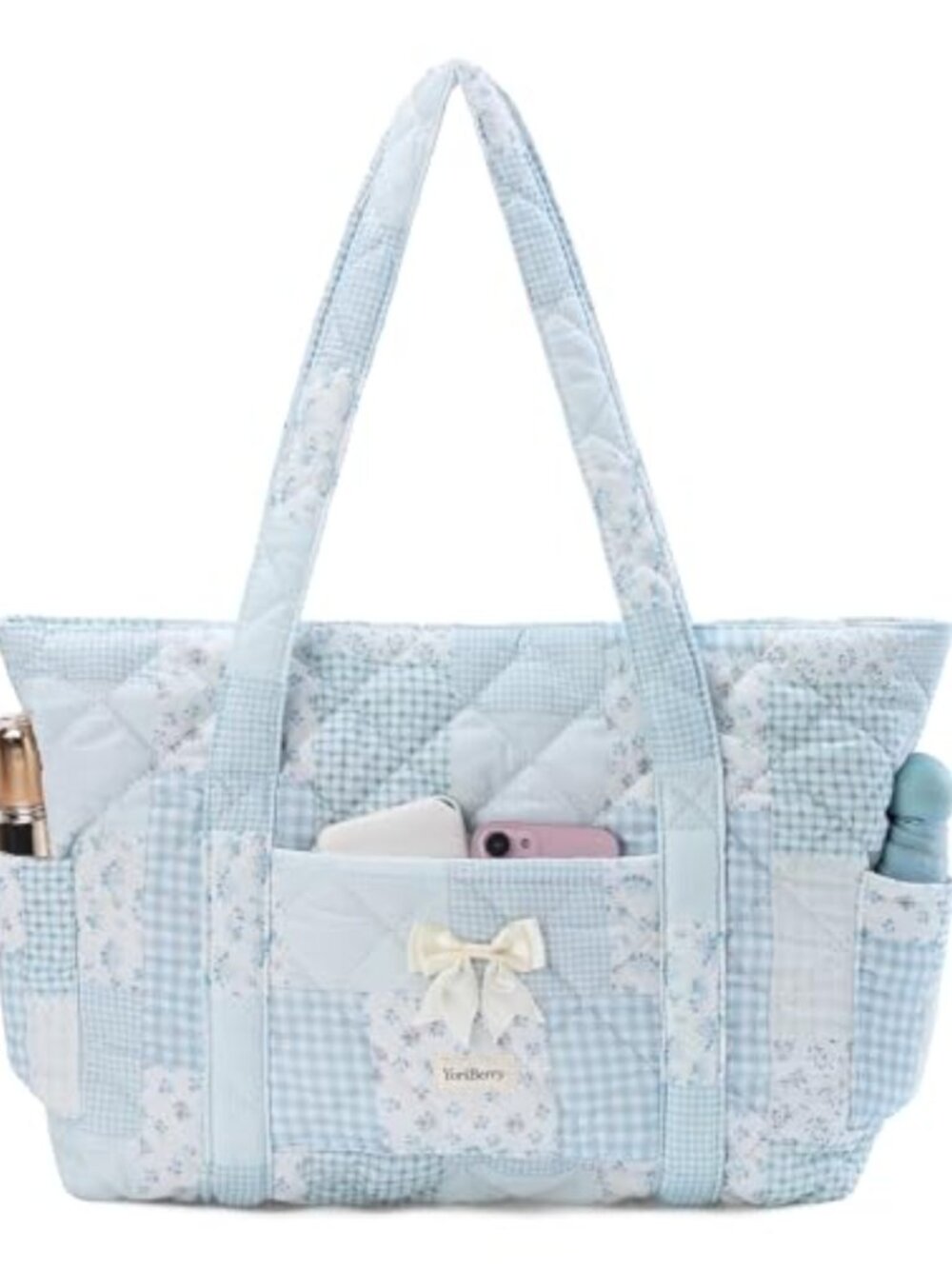 Quilted Floral Tote Bag Cotton Nylon Patchwork Shoulder Bag with Bow